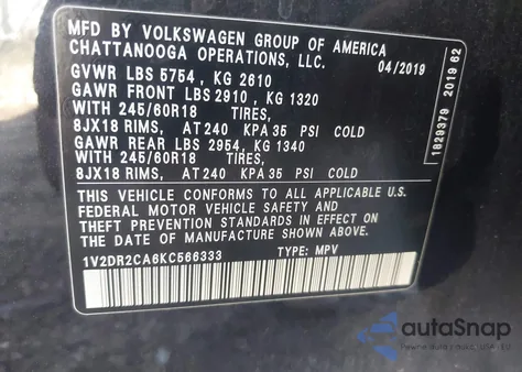 2019 Volkswagen Atlas 3.6L V6 Se from USA, damaged, VIN 1V2DR2CA6KC566333